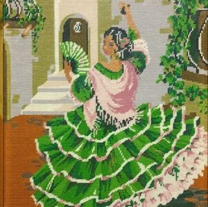 ​Vintage 1968 Needlepoint Spanish Flamenco Dancer Large Custom Framed Art 60s 💃